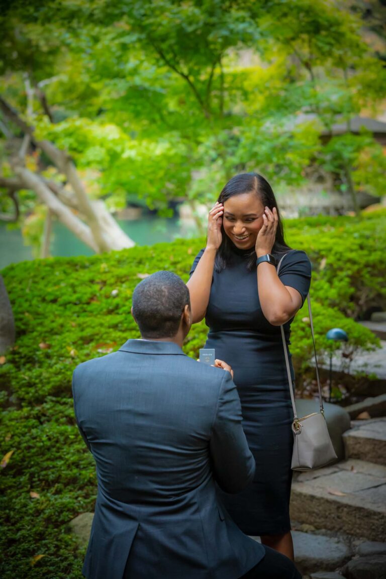 on one knee surprise propose in japanese garden